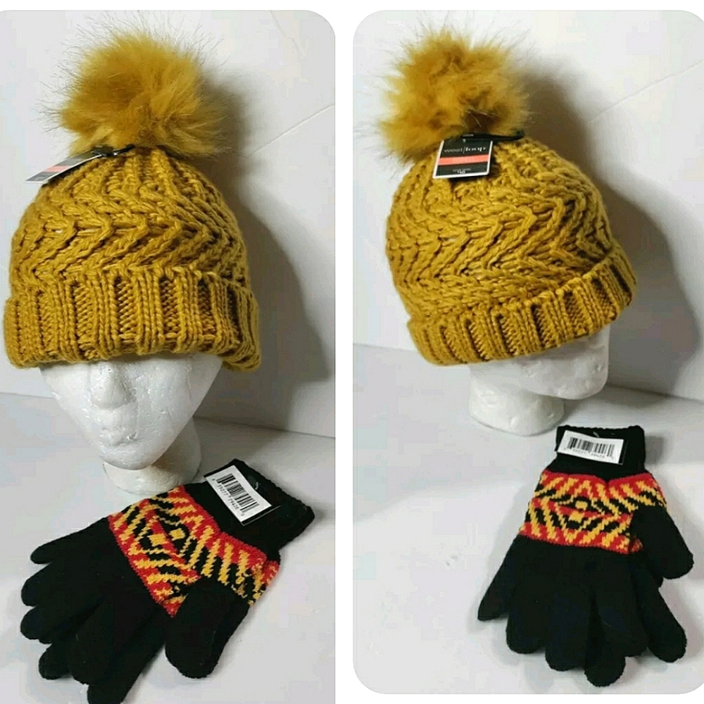 NEW Crocheted Knit Pom Skull Cap Cuffed Beanie Winter Hat & Gloves Set! Unisex